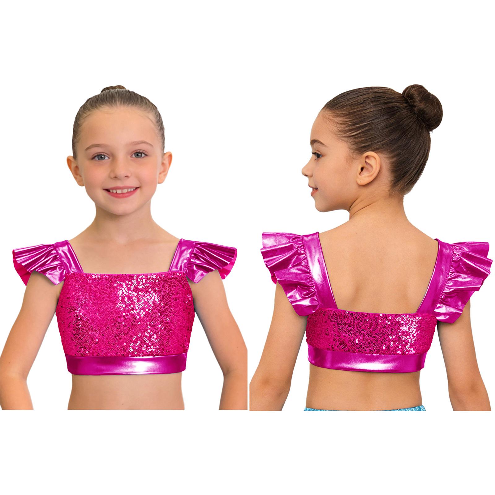 

Kids Girls Jazz Dance Performance Tops Square Collar Ruffled Sleeves Sparkling Sequin Metallic Crop Top 5-6 Years гарячі рожевого кольору