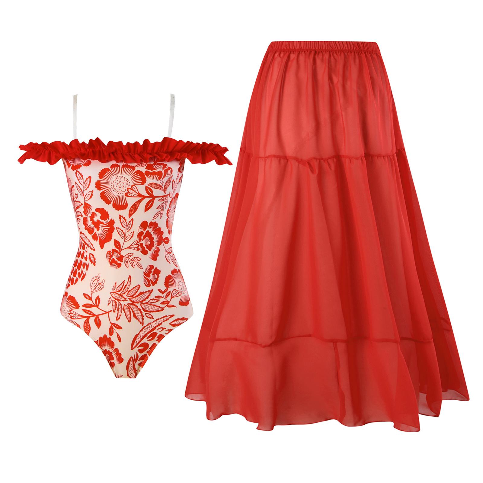 

2025 European & American Sexy One-Piece Swimsuit with Backless Mesh Skirt & Belt S
