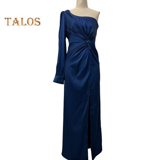 Lady Evening Dress One Shoulder Sleeveless Split Hem Solid Color Slim Waist Pleated Solid Color Off Shoulder Prom Cocktail Party Maxi Dress Ball Gown