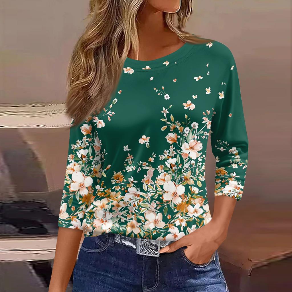 Women's Three-Quarter Sleeve Shirt, Round Neck, Loose Fit, Casual Shirt, Floral Print T-Shirt, Summer