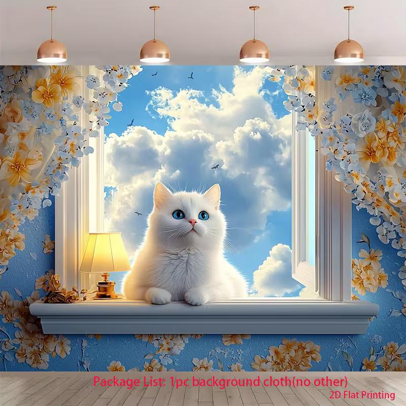 2D White Cat Window Backdrop Blue Sky Cloud Yellow Floral Frame Girls Birthday Photo Background 47.2x31.5inch/120*80cm