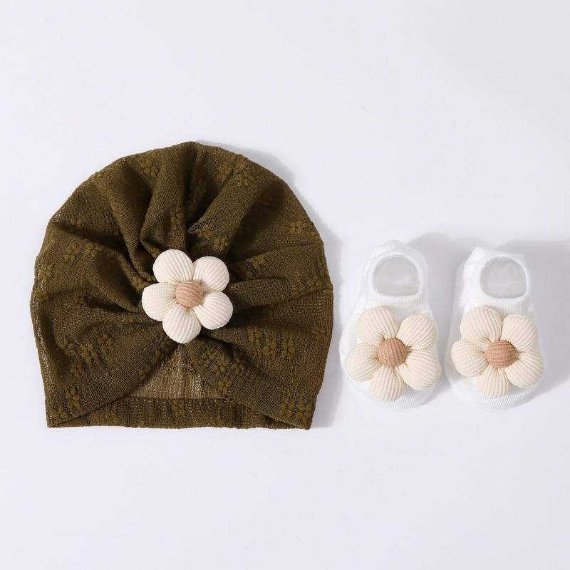 Elastic Infant Turban Hat Breathable Fetal Caps & Matching Socks Set Stylish Girls Clothing Accessories for Baby