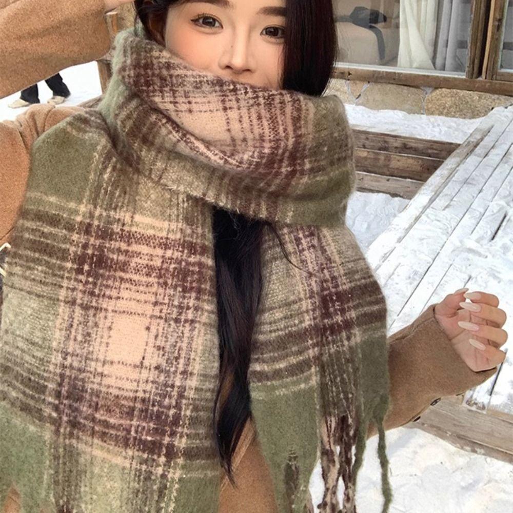 Tassel Plaid Wool Scarf Plush Long Shawl Simple Winter Cashmere Scarves Autumn Winter