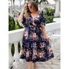 Plus-Size Navy Blue V-Neck Print Summer Dress