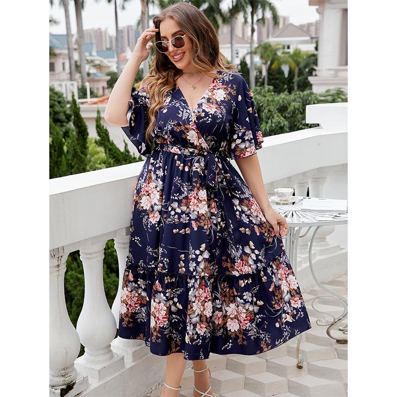 Plus-Size Navy Blue V-Neck Print Summer Dress