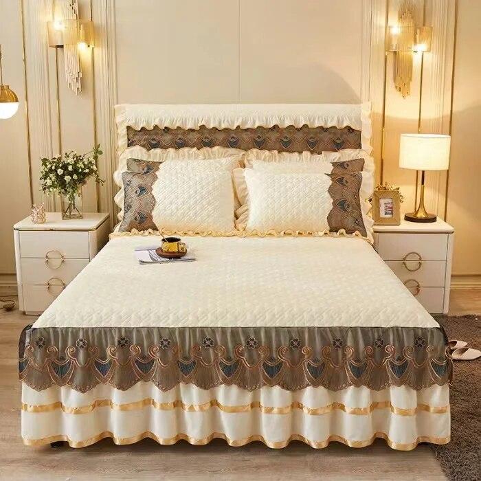 Luxury Lace Embroidery Bed Sheet Thick Velvet Quilted Bed Skirt Queen Size Warm Soft Plush Bedspread  Not Included Pillowcase