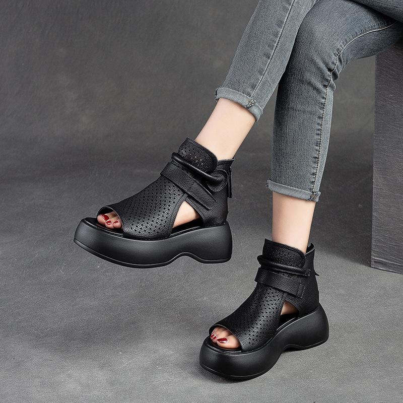 Fashion GKTINOO 2025 Handmade Retro Wedges Heel Sandals Women Open Toe Genuine Leather Platform Hollow Summer Shoes Women Casual Sandals