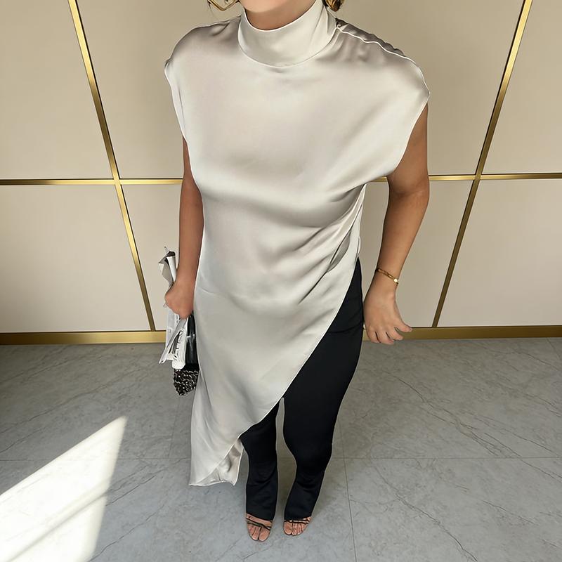 Satin Sleeveless Long Dress Women Solid Irregular High Neck Party Dresses Spring Luxury Women'S Evening Dresses Vestidos