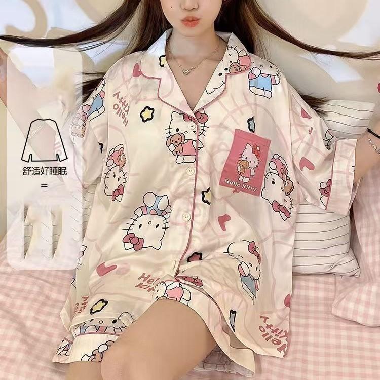 

Cute HelloKitty cat pajamas women s summer short-sleeved shorts set beautiful girl student dormitory loungewear s [recommended weight 35-40kg ]