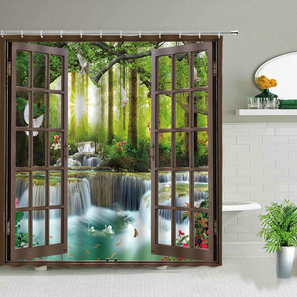Forest Landscape Shower Curtains Green Tropical Plant Palm Tree Flower Leaves Garden Natural Scenery Bathroom Decor Bath Curtain