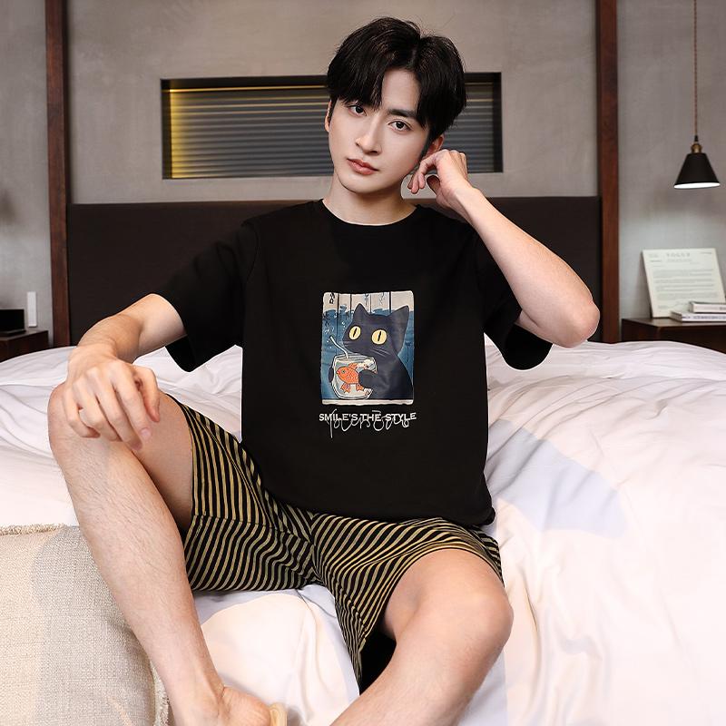 Herren Pyjama Kurzarm Oberteile Shorts Cartoon Nachtwäsche Loungewear Studenten Zweiteiler Gestreift Uni Jugend Nachtwäsche Homewear