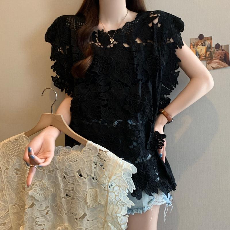 DIMANAF 2025 New Summer T-Shirt Women Basic Knitting Lace Vest Sleeveless Hollow Style Tops Loose