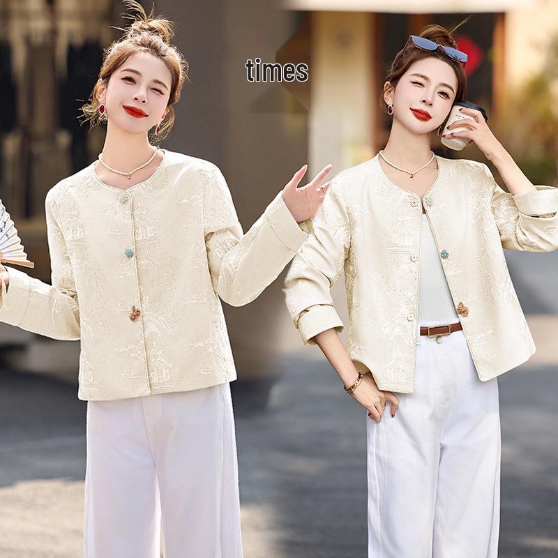 Spring 2025 Women's Embroidered Round Neck Jacket - High-End Chinese National Style, YE6351
