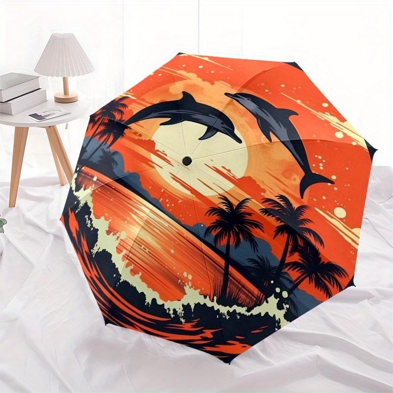 Sunset Adventure: Dolphins Leaping Over Palm Trees StickerUmbrella, Portable 3-Fold Umbrella for Men & Women,Christmas Gift ES169