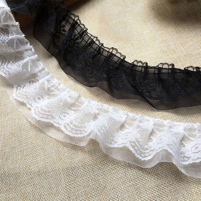 Eco-Friendly 5cm Chiffon Lace Ruffle Trim Double Layer Wrinkle Applique Ribbon for Garment 100cm Length BK WH 3D Pleated Fabric