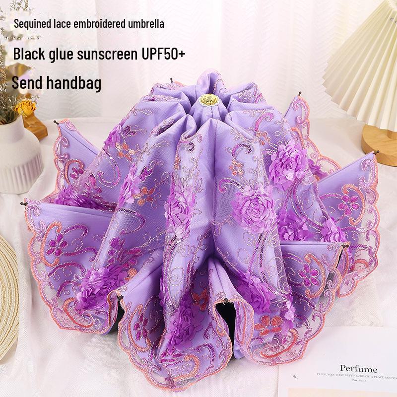 Retro Spetsbroderi UV-Blockerande Svart Paraply - Dubbelanvändbart Solskydd för Kvinnor