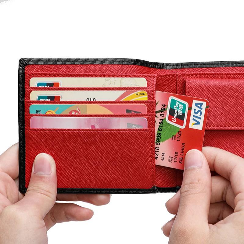 Men's Carbon Fiber Pattern Wallet Two-fold Genuine Leather Multi-slot Change Position Short Clip
