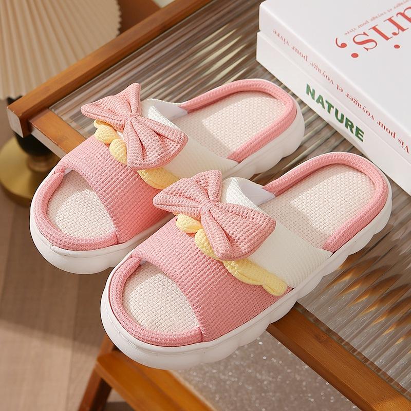 New Bow-tie Linen Slippers Women's Non-slip Indoor Home Cute Couple Cotton and Linen Thick Bottom Sandals Summer