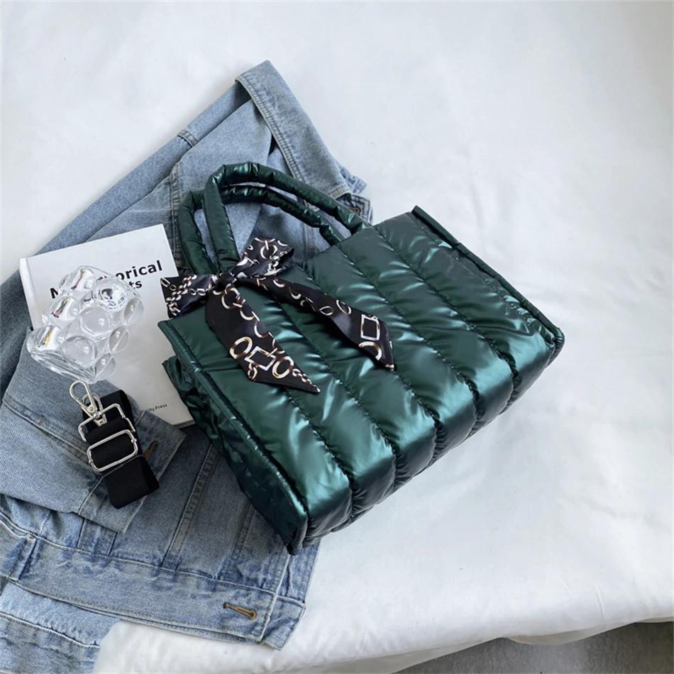 Elegant Women's Totes Bags with Silk Scarf Accent Winter Quilted Crossbody Bags for Women Casual Solid Color Padded Shoulder Bag