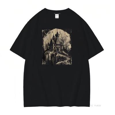Goth Castle T Shirt Gothic Clothing Horror Design Soft Style Dark Fashion for Fans Vintage Washed Versatile Designer Clothes