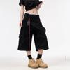 Multi-pocket Tooling Denim Shorts Summer Deconstruction Bright Pants Design Sense Wide-leg Medium Pants Men and Women