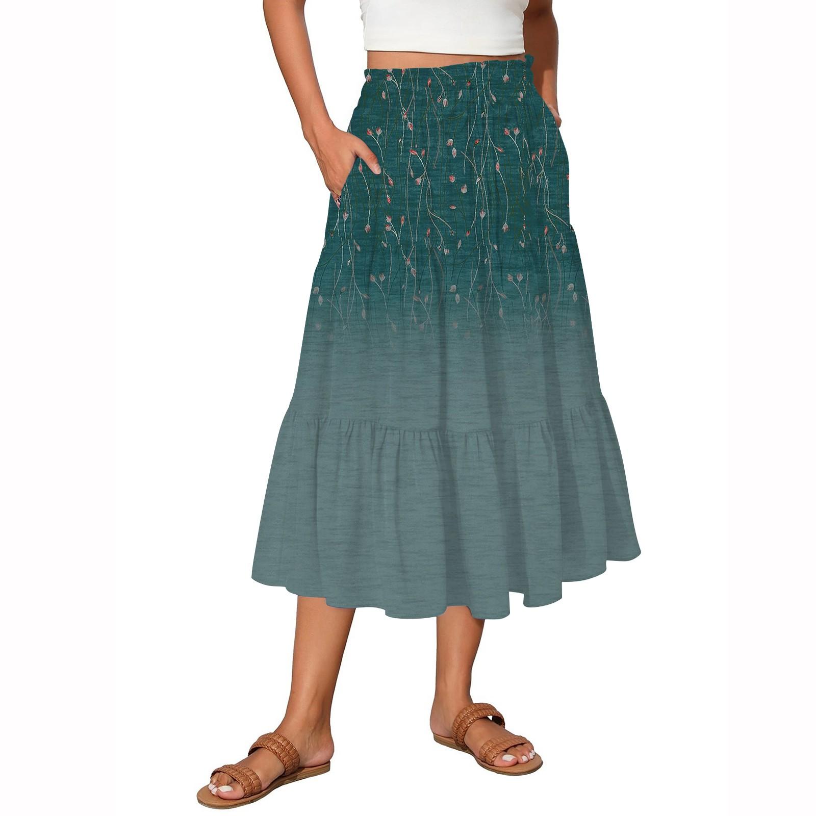 

Жіноча вінтажна довга спідниця-трапеція з розкльошеними воланами та градієнтним принтом XL