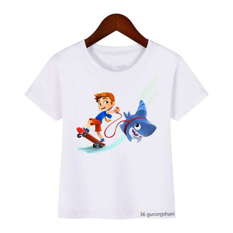 2024 Summer T-Shirt For Kids Funny Sharking With Sharkdog Cartoon Print Children'S Tshirt Boy Clothes White Shortsleeved Tops