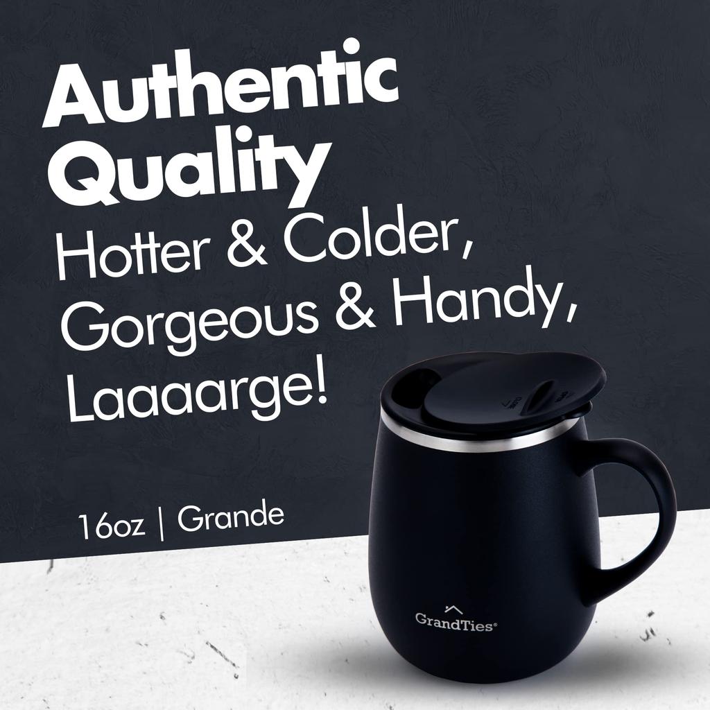 GRANDTIES Premium Vacuum Insulated Mug, 460ml, Available In 19 Colors, with Easy-Open Sliding Lid, Stainless Steel Double-Wall Vacuum Insulation, and