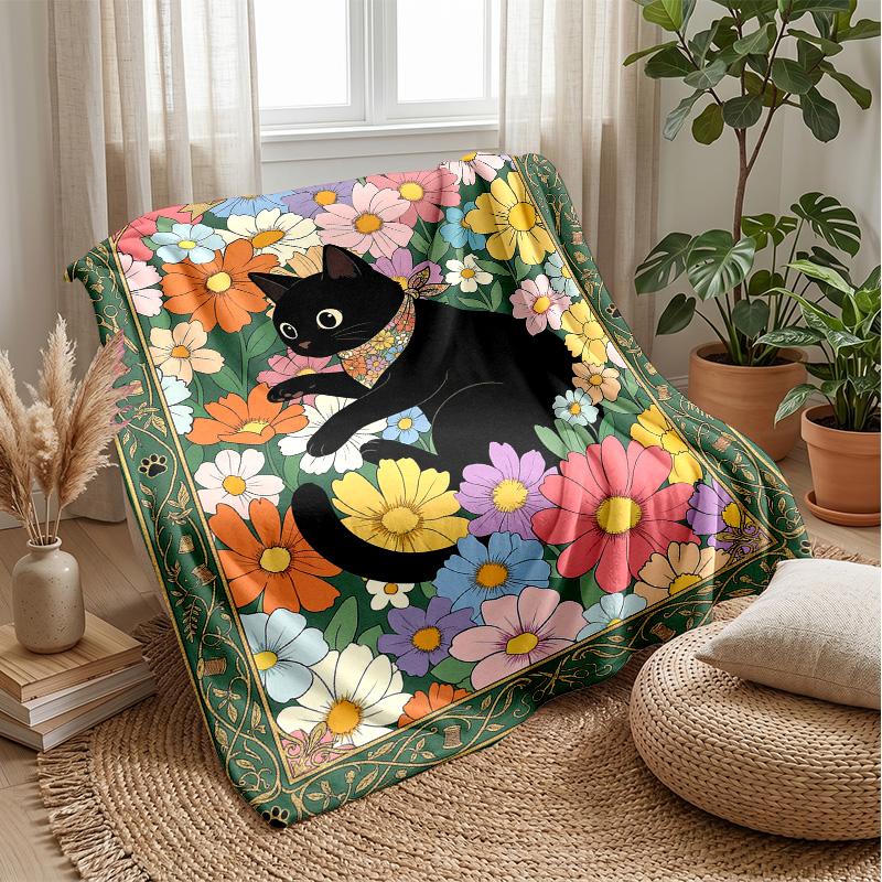 Black Cat in Basket blanket Personalized Name Flannel Blanket Soft Cozy Plush Throw for Sofa Bed Lightweight Home Decor