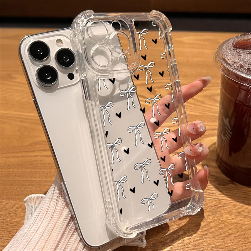 Barevný růžový potisk mašle Průhledný kryt na telefon pro iPhone 11 12 13 14 15 16 Pro Max SE XR X XS 7 8 16 Plus Nárazuvzdorný kryt