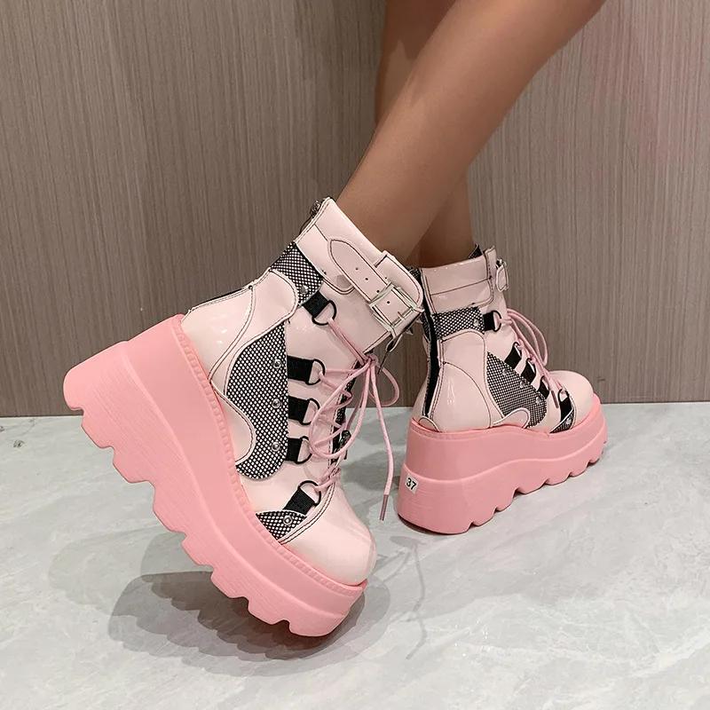 Cosplayer Gothic Motocyklowe Buty 2024 Nowa Platforma Gruby Wysoki Obcas Botki Damskie Fajne Koturny Punk Kobieta Czarne Buty Damskie