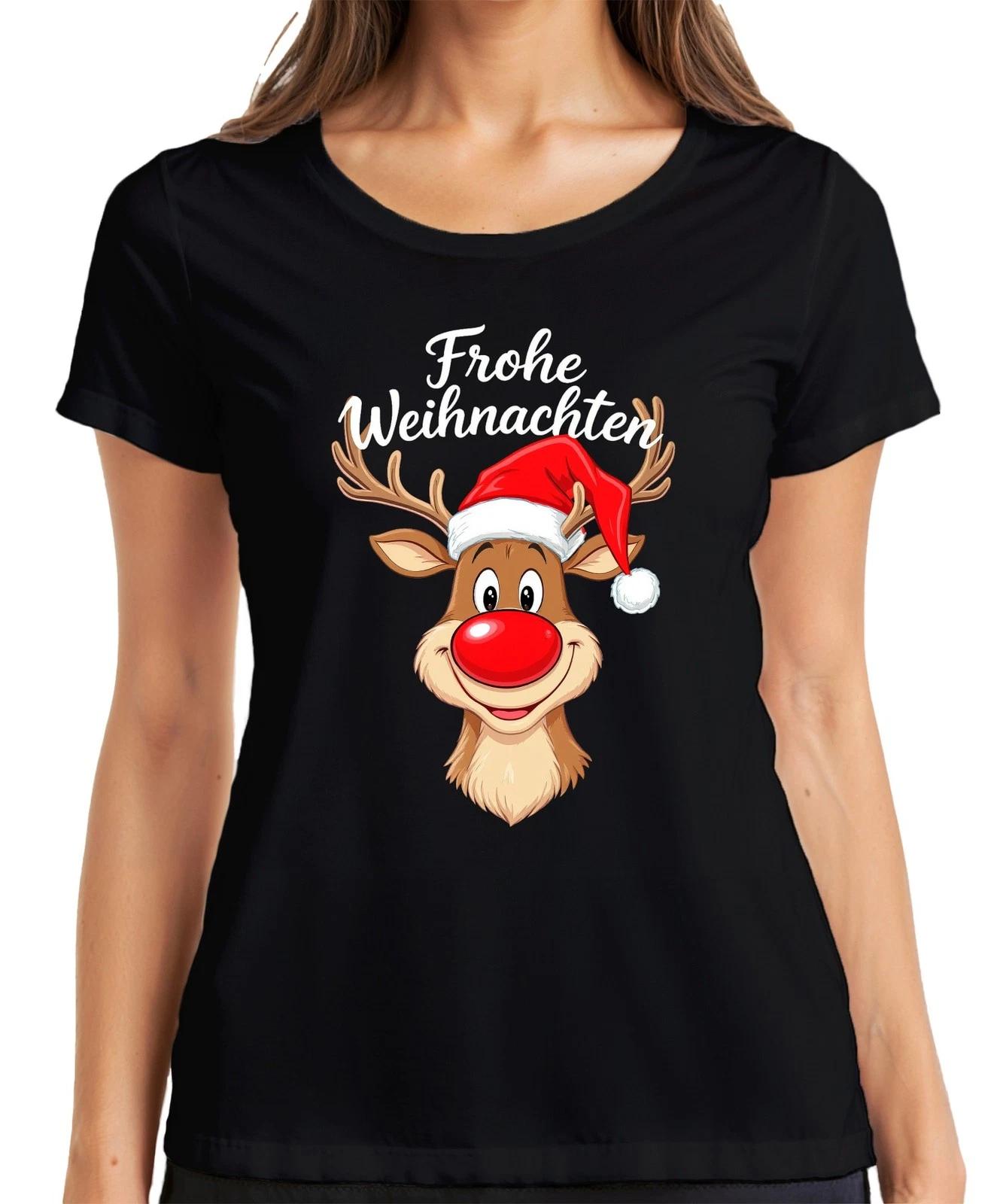 Frohe Weihnachten Rudolph rote Nase Weihnachtsmütze Kinder Lustig Damen T-Shirt XXXL