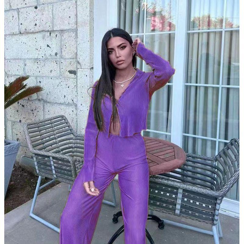 

Fashion Wind Pleated Lapel Long Sleeve Top Pants Suit Pleated Top Long Trouser Suit Purple L