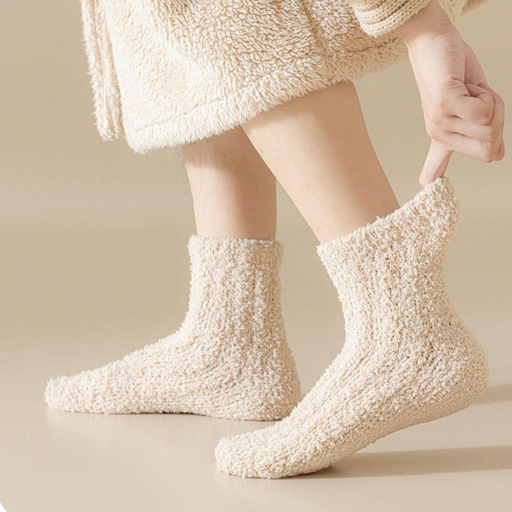 4Pairs Sleeping Coral Fleece Socks Winter Mid Tube Socks Women Floor Plush Socks For Female Men