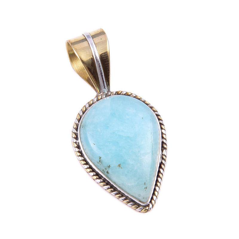 Natural Amazonite Gemstone 925 Solid Sterling Silver Two Tone Pendant 1.25" T1t36
