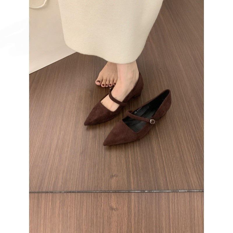 Korean version of versatile evening wind suede pointed single shoes women's 2025 new one-word with light mouth low heel thick heel commuter shoes