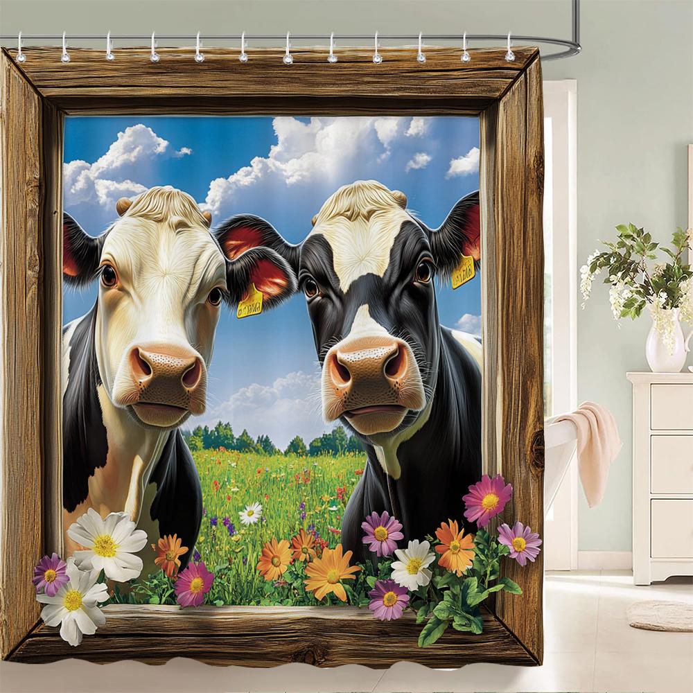 Highland Cow Farmhouse Shower Curtain Funny Farm Animal Flower Wooden Plank Bathroom Decor Vintage Polyester Fabric Bath Curtain