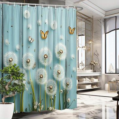 "1pc Dandelions & Butterflies Shower Curtain - Springtime Design, Polyester, Light Blue Floral, Modern Bathrooms