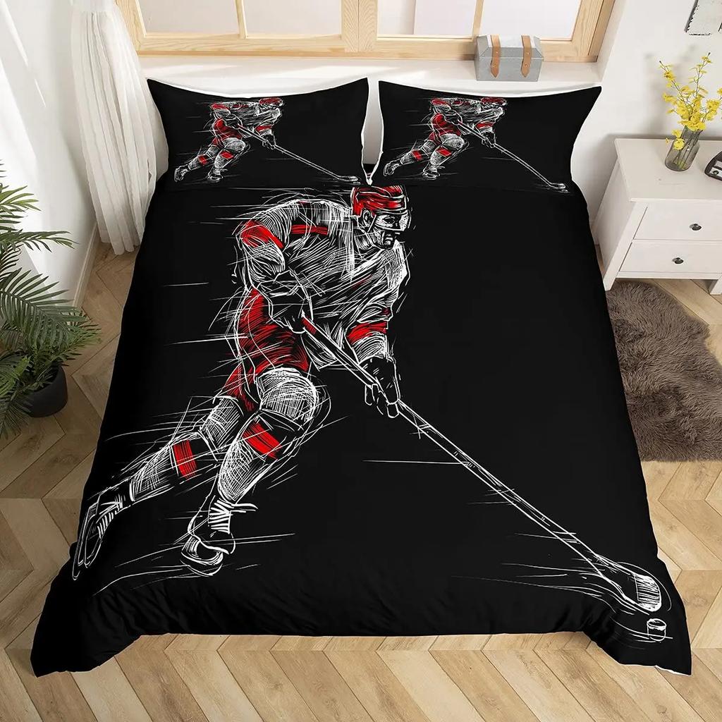 Hockey Duvet Cover Set 2/3pcs Hockey Sports Comforter Cover Polyester Hockey Puck Ball King Queen Size Quilt Cover For Boys