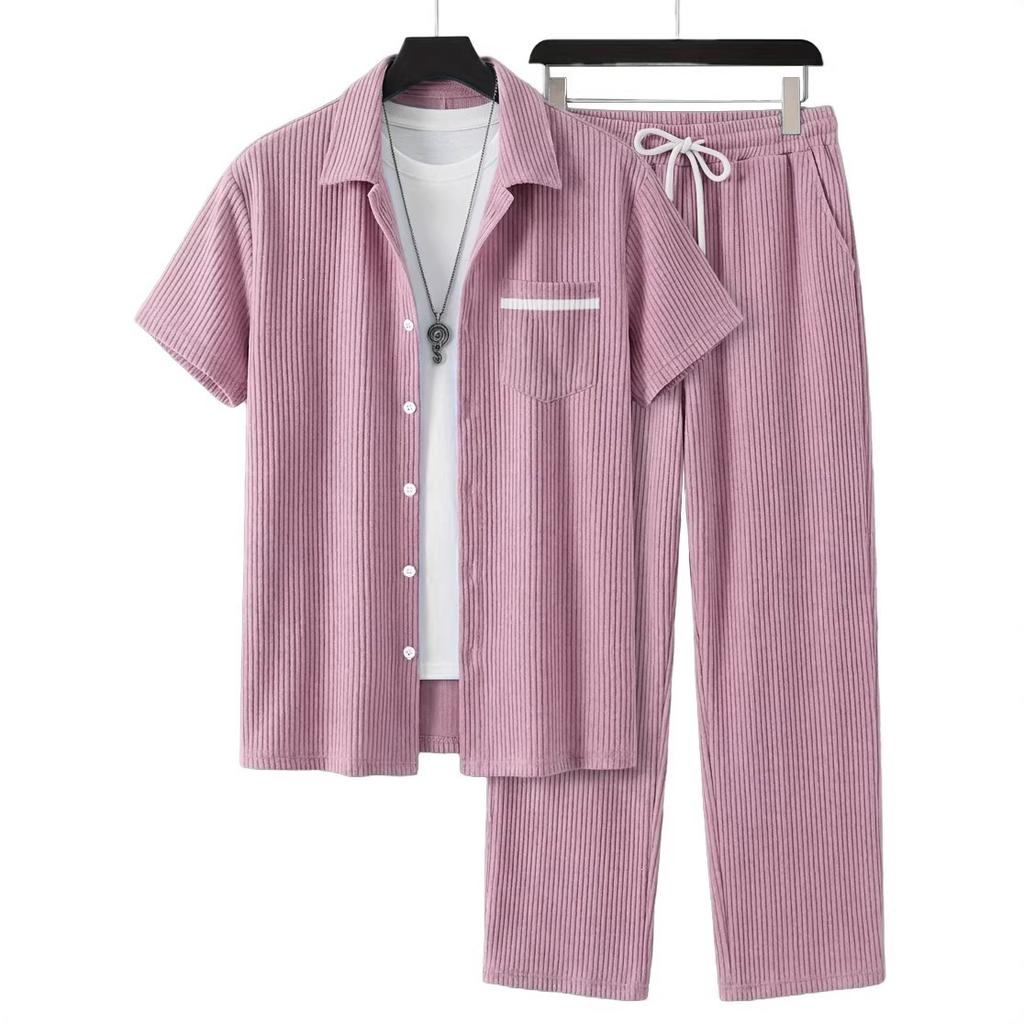 1116 New Solid Color Lapel Set, Men's Loose and Breathable Casual Two-piece Set for Beach Vacation