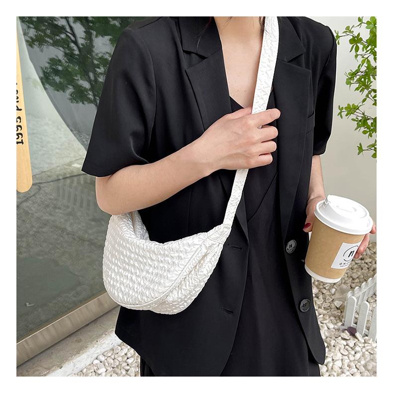 Women Solid Color Zipper Dumpling Bun Inclined Satchel Bag Leisure Large Capacity Shoulder Bags Wrinkled Adjustable Band Strap