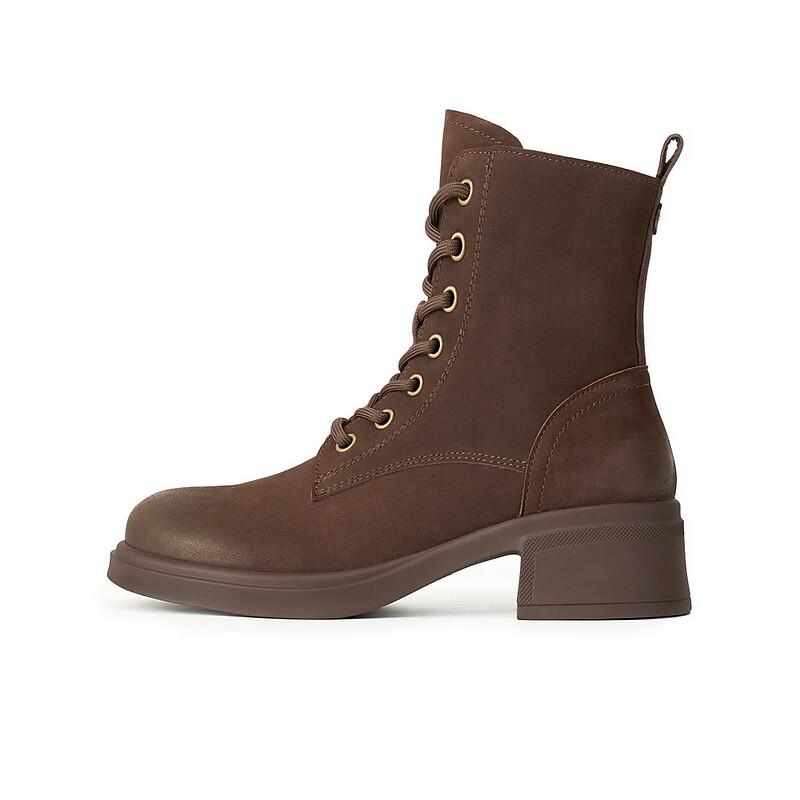 BELLE Women's Leather Block Heel Lace-Up Martin Boots