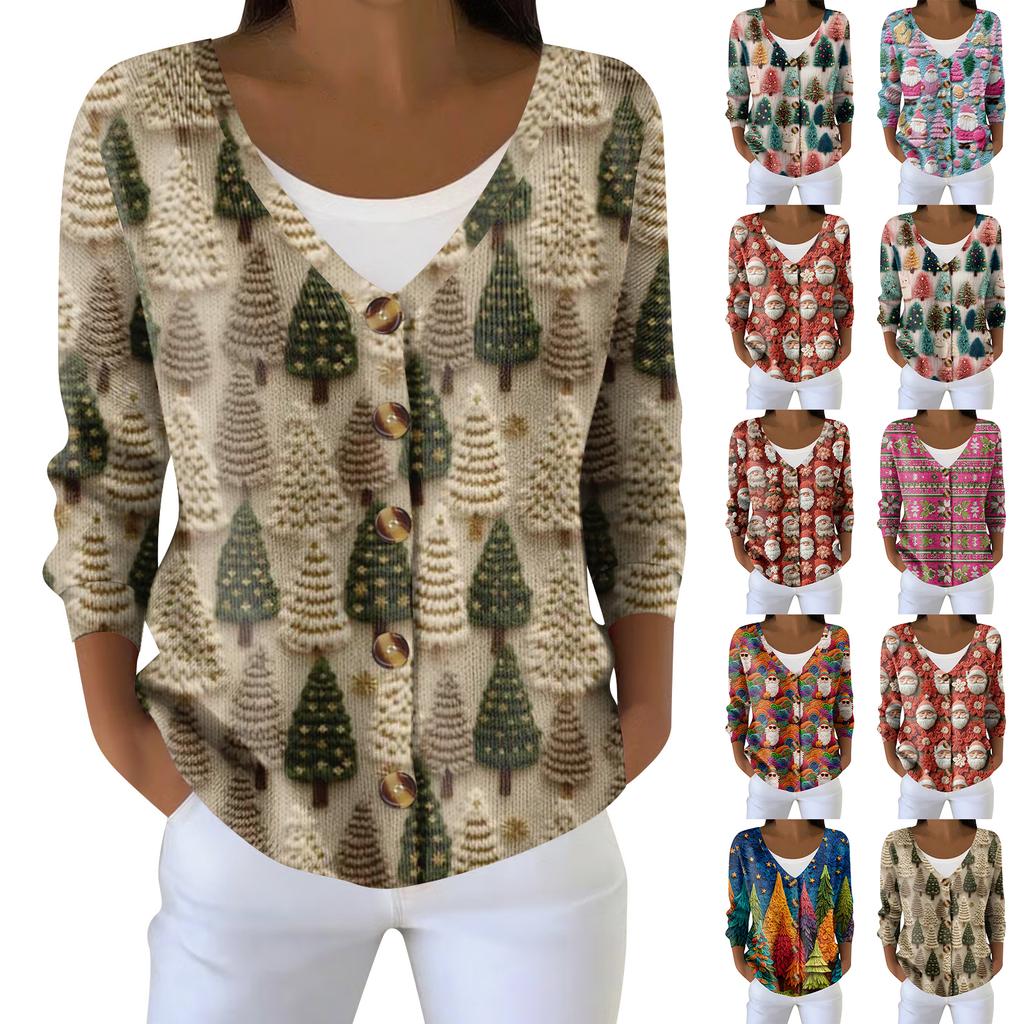 Damemote Langermet Christmas Snowman Snowflake Print Jakke Cardigan