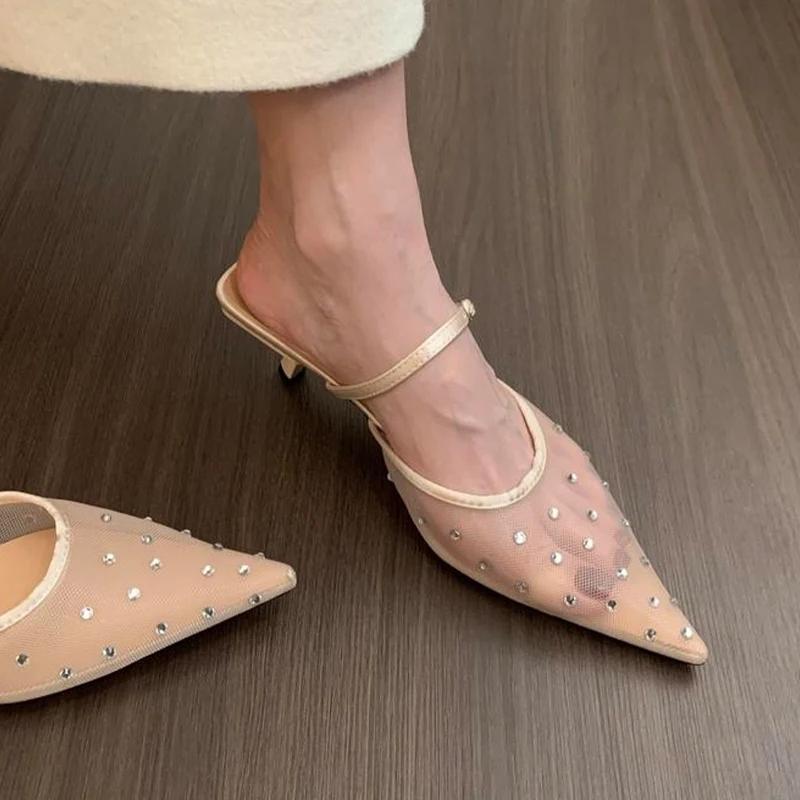 Luxury Women High Heels Slippers Crystal Pointed Toe Mules Shoes Women's Sandals Elegant 2025 Summer Fad Slides New Ladies Shoes