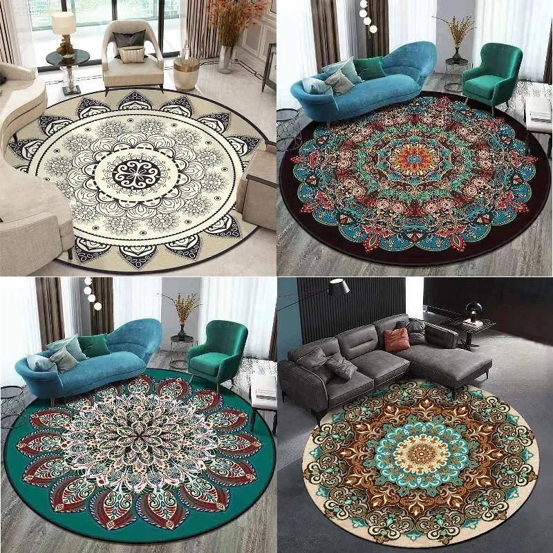 Bohemian Mandala Round Carpet Geometric Ethnic Flowers Round Rug Vintage Floor Mat Living Room Bedroom Dorm Home Decor Chair Mat