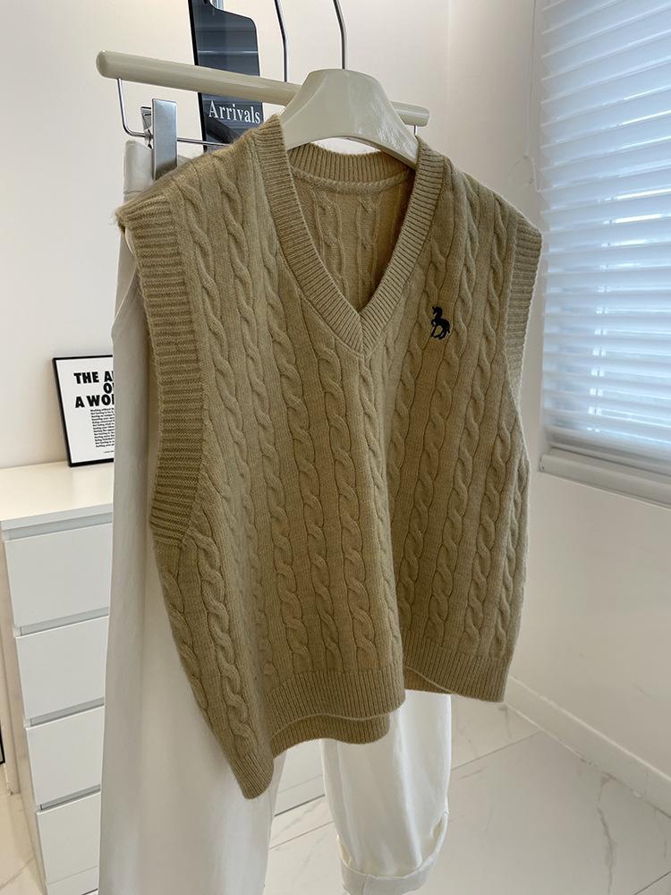 

Винтажный жилет без рукавов с V-образным вырезом и узором «косы» для женщин - осенне-зимняя многослойность One Size горчичный/жёлтый