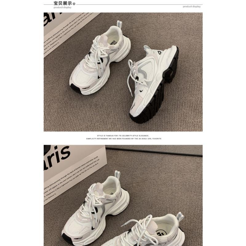 Women's White Chunky Platform Sneakers Lace-Up Breathable Retro Casual Shoes