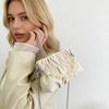 Fashion Women Ruched Satin Clutch Mini Pearl Chain Crossbody Bag Elegant Rhinestone Handle Small Shoulder Purse for Evening Party Wedding