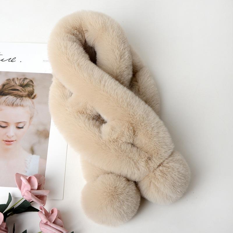 Dame Vinter Ensfarget Skjerf Myk Plysjball Dekor Fuskepels Tykke Skjerf Koselig Halsvarmer Kryss Vindtett Termisk Dame Halsvarmer