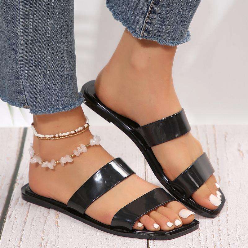 

Summer Clear Square Head One Word Women Sandals Open Toe Daily Flat Outside Slippers 36 чёрный